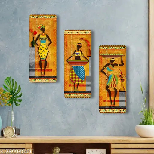 Shivmaan Art Wall Paintings For Living Room With Frame - Tribal Abstract Home Decor Large Art Bedroom -Set of 3