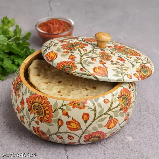 VANMAYA Handcrafted Wooden Chapati Box | Designer Wooden Roti Box with Lid | Multipurpose Hotpot Storage Box for Kitchen Dining | Insulated Wood Roti Container with Floral Print | Traditional Indian Kitchenware
