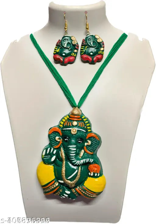 Radiant Terracotta Multicolor Jewel Set Ethnic Elegance Adorned with Handcrafted Art ( Green )