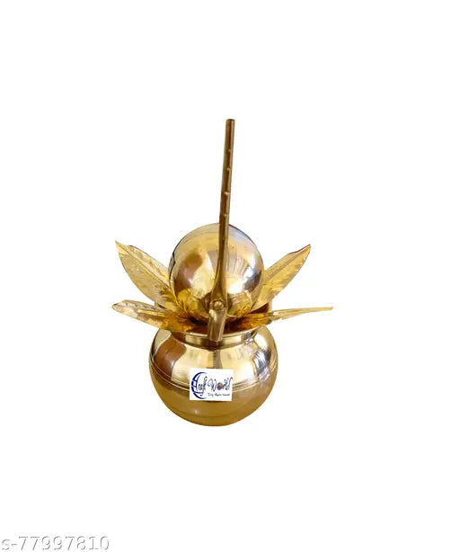 Craft World Mangal Kalash with Brass Nariyal and Leafs,Small Size Brass Kalash (Height: 4.5 inch, Gold)