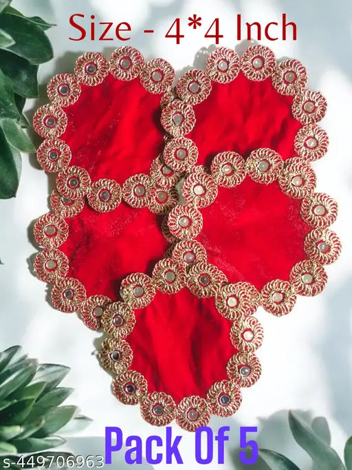 Hemdev Velvet Fabric 4*4 Inch Temple Puja Aashan For God Sitting, asan for ganapati,laddu gopal krishna,matarani,home temple with embroidery work and Real Mirror