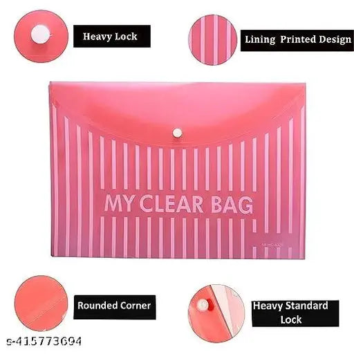 MCB A4/Legal Size Opening Pocket Document File My Clear Bag Snap Button Closure with Label Pocket for Home, Work Office Paper Stationary Organization (5 Pcs -Mix Color)