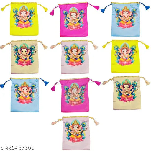 New Ganesh Potli Bags for Return Gifting - Thamboolam Bags for Pooja - Potli Bags for Return Gifts -  Thamboolam Bags - Return Gifts for Festive events - Return Gifts for Housewarming - Potli Bags (Pack of 10)