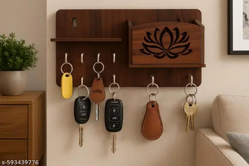 Shiva’s Jewels – Wooden Lotus Key Holder with Shelf | 8 Hook Wall Key Hanger with Letter/Mail Holder | Elegant Home & Office Organizer