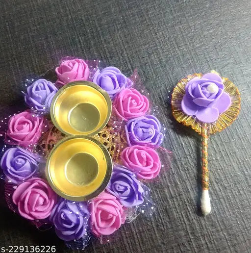 Beautiful & Ethnic Ganpati Haldi Kumkum Stand with 2 Roli Chawal Holder for Rakhi/Wedding/Home/Return Gift/Pooja//Wedding/Welcome Plate Pooja Thali Set(Pack of 1)