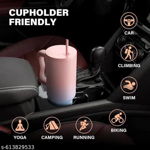 1.2 L Stainless Steel Tumbler Hot and Cold with Handle, lid and Straw, Leak Proof Mug Cupholder for Gym, Travelling,Office,School Cupholder Gifts Unisex (Pink Shaded)