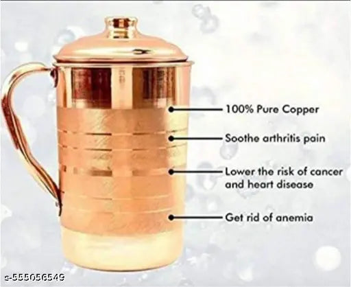 Pure Copper Water Jug 1.5 Litre with 2 Copper Glasses (300ml Each) | Ayurvedic Copper Pitcher Set for Drinking & Storage for Health & Wellness