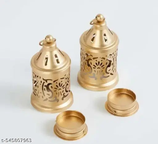 Set of 2 Iron Lantern and Candle Tealight Holder for Home Decor Items | Candles for Home Decoration | Candle Holders for Home Decor | (Pack of 2) (Gold)