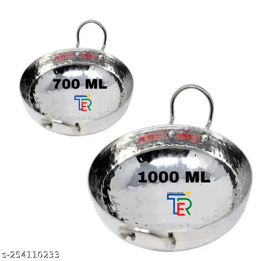 TER STAINLESS STEEL LIFE TIME GUARANTEE 18 GAUGE HAMMERED/MATHAR TASLA 700 ML AND 1000 ML SET OF 2 PIECE WITH PREMIUM QUALITY HANDLE FINE GRIP