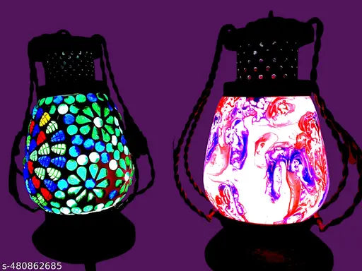 Desiree crafts , Laltain Set of 2 , wooden and Iron Handmade lalten with Multicolored led Light and Beautiful Glass imney Work