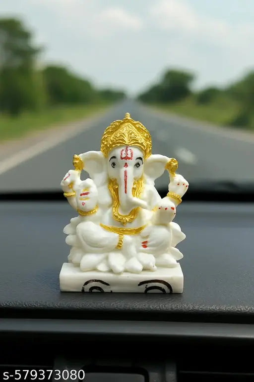 Premium Car Dashboard Ganpati Idol – White Marble Look with Golden Crown   | Lord Ganesha Murti for Ganpati ji Chaturthi, Car Decor & Gifting"