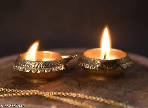 Brass Diya Golden (Size 2.5 inch) Brass Diya for puja, Handmade Indian Puja for Diwali Lamp Engraved Deepawali. (6)