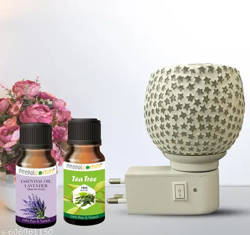 Premium Home Scented  Star Glass Ceremic Kapoor Dani & Essential Oil Diffuser( Lav+Tea Tree-15ml) Electric Air Freshener Decorative Kapoordani Diffuser Lamp With ( with ON | Off Switch to Toggle Between Lamp & Burner ) Best For Gifting Purpose