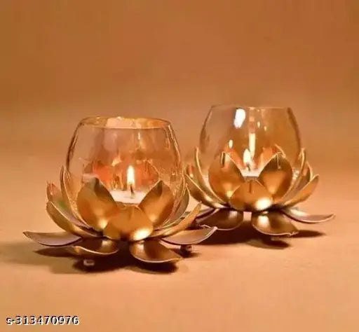 New Elegent Craft Metal Lotus Flower Shape Candle Tealight Holder with Crackled Glass Cup Candle Holder Set | Diwali Candle Lights Holder Candlestick Stand for Home Decor, Christmas, Party, Decoration | Perfect Gift For Birthday, Festive | Table Centerpie