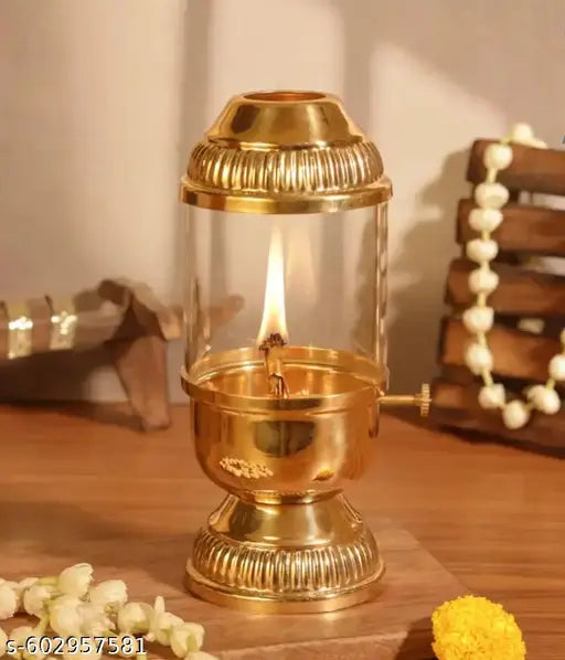 Brass Akhand Diya Lamp with Bati Adjuster & Borosilicate Glass Oil Lamp for Worship, Meditation, Festival Rituals, Diwali
