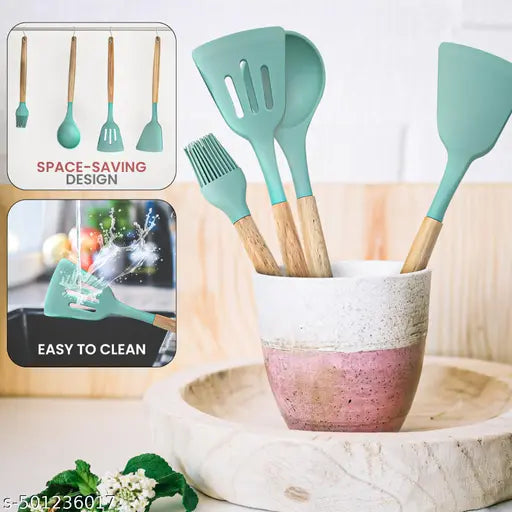 NARUIA Silicone Spatula Set for Non Stick Pan, Ladle, Turner, Spatula, Brush Kitchen Cookware Set with Wooden Handles, Baking and Mixing, Durable (4Pc, Green)