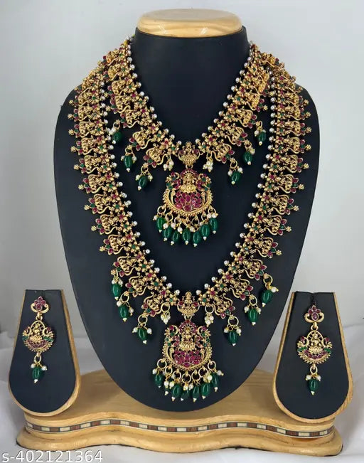 GREEN MOTI RED RUBY STONE  FLOWER DESIGN MATTE COMBO SET