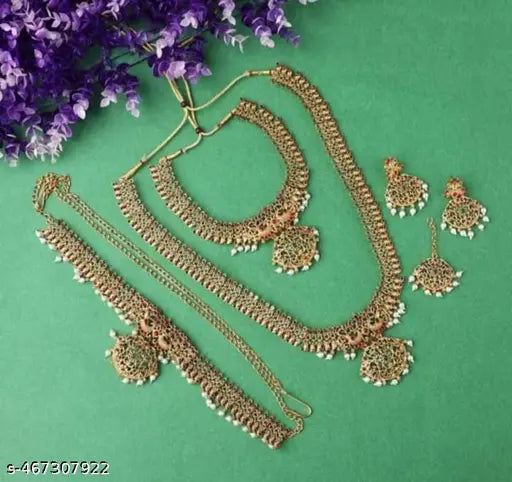 Bridal Gold Plated South Indian Wedding Traditional Temple Jewellery Set Latest Fashion Full Combo For Girls And Women (Golden)