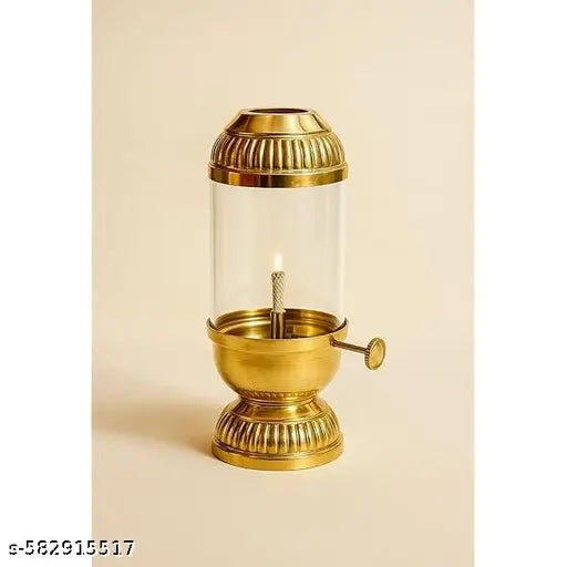 Pure Brass Akhand Diya with Borosilicate Glass & Adjustable Bati Knob || Traditional Oil Lamp for Spiritual Use in Mandir, Home Puja, Diwali, Navratri