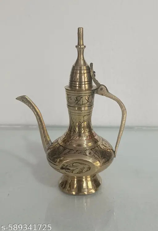 Elegant Hand-Arted and Hand-ARTISTICLY Painted BRASS AFTABA Set of 8 Pcs.;  A Great Luxurious Gift for your Loved Ones; A SERVING TRAY WITH INTRICATE TRADITIONAL DESIGNS & FLORAL PATTERNS;  AFTABA- 5.5 Inch Height, Cup - 1.5 Inch Height, Tray - 7 Inch Dia