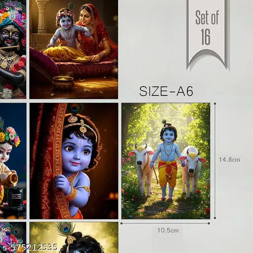 Shri Krishna Divine Poster Set (Pack of 16)    A6 | High-Quality Print