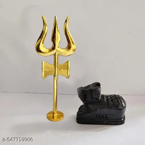 A&S VENTURES Marble Black Nandi with Metal Damru Trishul Idol for Home Temple | Brass Finish Shiv Murti Set for Puja and Décor