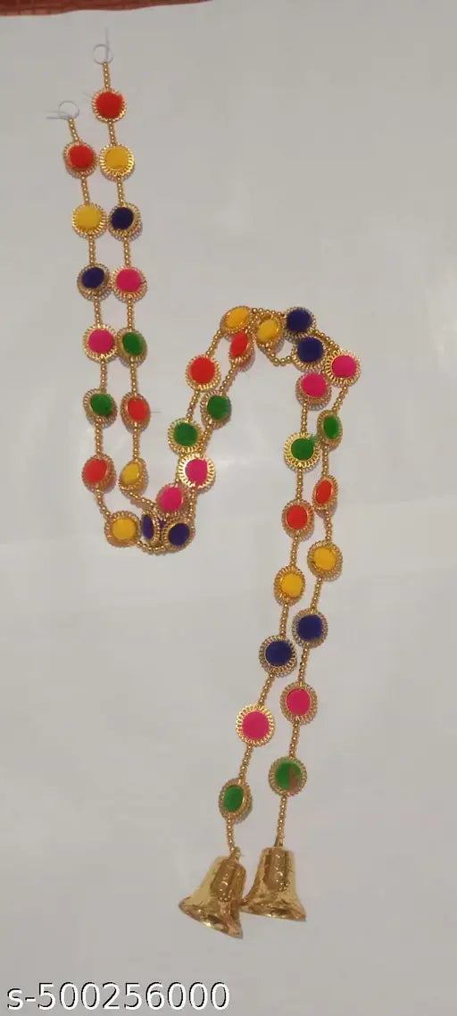 2 Pcs Handmade Wall Door Red Yellow Green blue Hanging Pom Pom Torans Garland Bandhwar with Golden Bells Decoration Item, Home Decoration, Diwali Decoration, temple Room. home ,ofic etc