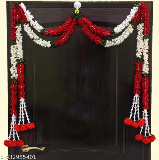 afarza Artificial marigold genda Flower toran garland for Main Door Home Decoration Latest Wall Hanging Handmade Marigold Gift (red-pack of 4) 5 ft each