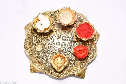 Gold Metal Pooja Thali with 4 Diya for Pooja & Temple Decoration
