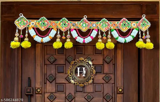 HEGiENES Décor embroidery work with artificial yellow meri gold flower and beads traditional door hanging navratri and diwali Toran. Pack of 1 pieces.