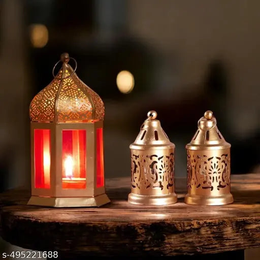 Moroccan Gold, Orange Color Metal Iron Lantern Diwali Diya Light Tea Light Holder combo pack