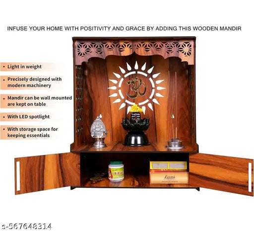 New wooden temple for home and office with Door | Compact puja mandir temple | wall mounted and table top mandir for home and office with led cov light