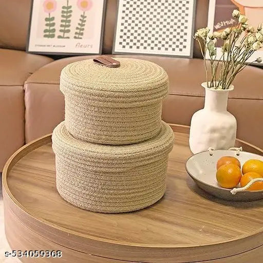 Talib Textile Purpose Essential Jute Basket with Lid Beige Color Storage Baskets For Bathroom Living room & Kitchen Organiser box vanity box first aid box (Pack of 2) 28x18cm and 13x23cm
