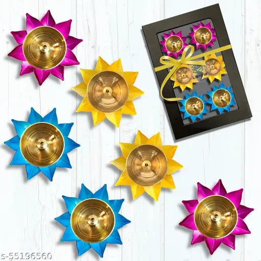 Lamina- Set of 6Pcs. Brass Lotus Diya (Oil Lamp) (Yellow, Pink, Blue Color| 3inches Diameter) for Gifting, Self-use, Home Decoration, Daily/Festive Worship- Diwali, Holi, Navratri, Karvachauth, Ganesh Chaturthi, Onam, Pongal, Sankranti, New Year, Wedding