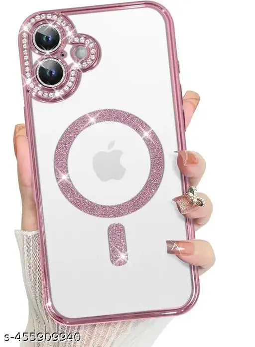 i-phone 16 Clear Magnetic Diamond Glitter Case with Full Camera Protection Rhinestone Luxury Plating Bling Transparent for Magsaf Women Girls Cute Phone Case Cover (Pink)