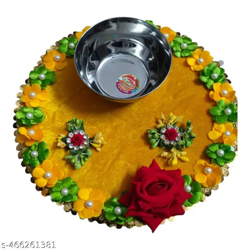 Handmade Decorative Wooden Wedding Tray with Artificial Flowers For Haldi Mehndi
