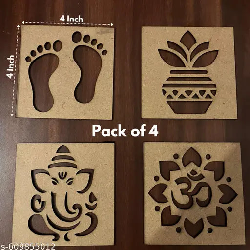 dev Production | Designer MDF Rangoli Stencil Set – 4 Traditional Patterns for Easy & Quick Rangoli Making