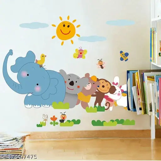'Jungle Cartoon Cute Animals' Wall Sticker (PVC Vinyl, 60 cm x 90 cm, Multicolour)  wall sticker , wall sticker for kids,wallpaper sticker for kids