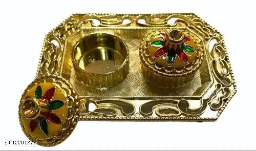 Elegant 3-Inch Rectangle Kumkum Plate for Pooja | Brass/Steel Haldi Kumkum Tray for Festivals, Gifting & Religious Ceremonies | Traditional Indian Puja Accessory.