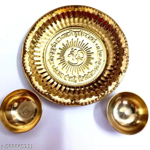 Brass Hindu Puja Thali + 2 Bowls Bhai Dooj Tika Om Plate Navratra Diwali Gift 3 pcs