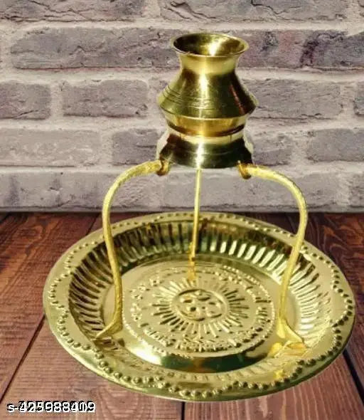 OM Brass Plate With Jal Abhishek Tripai Jaldhari Stand ( Plate Tipai Combo Set ) Pooja Thali Set ( 17CM Length )
