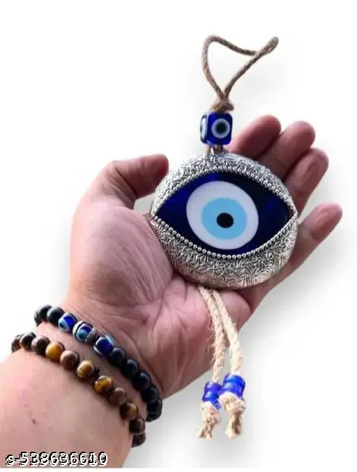 Metal Feng Shui Vastu Blue Big Glass Evil Eye Door/Wall Hanging Nazar Suraksha Amulet Decoration Home/Office (Silver)
