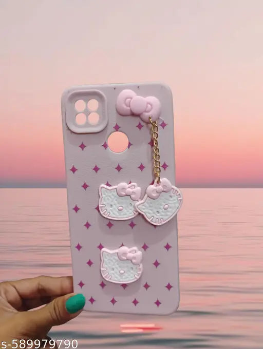 Redmi 9C Hello Kitty 3D Cartoon Silicone Back Cover with Hanging Chain Pink Cute Girls Case, Shockproof Flexible
