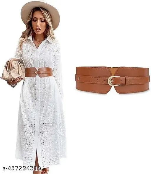 Women's Fashion PU Width Belt, Ladies Metal Buckle Design Belt Interlocking Buckle Vintage Blouse Blazer Dress Belt Stretch Cinch Belt for Women (Brown,26-31 inches)