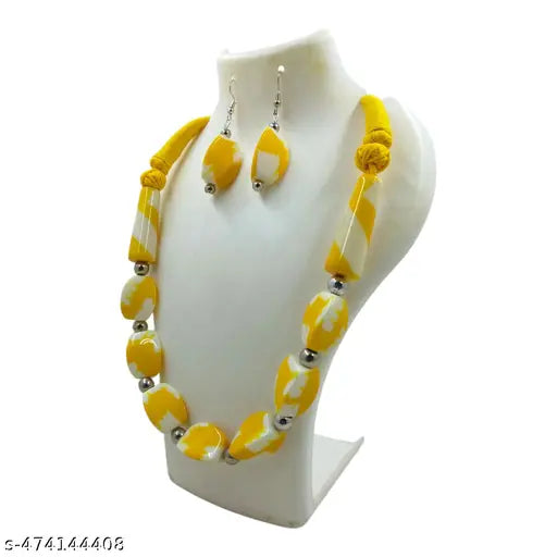 Handcrafted Chemical Beads Necklace and Earring Set, Yellow and White Marble Pattern, Traditional Design.