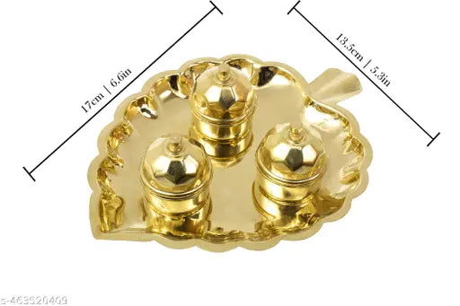Putrika Traditional Handcrafted Brass Thali Haldi kumkum Chandhan Holder Stand Plate with Lid for Pooja/Worship - 3 Leaf Bowl - Small