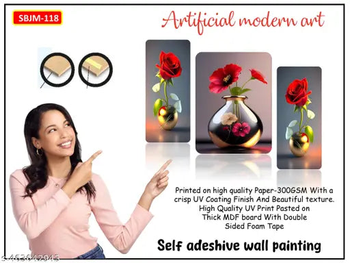 BA ART-Unframed MDF Wooden Floral wall Paintings /Art decoration item for Living room / Bedroom /Home Decor /Restaurant decor / Cafe decor /Gifts /Hotel Decor Item/Wall Art For Hall/Wall Decoration /Flower Wall Painting Set of 3 (12 inch x 18 inch) BA-SBJ