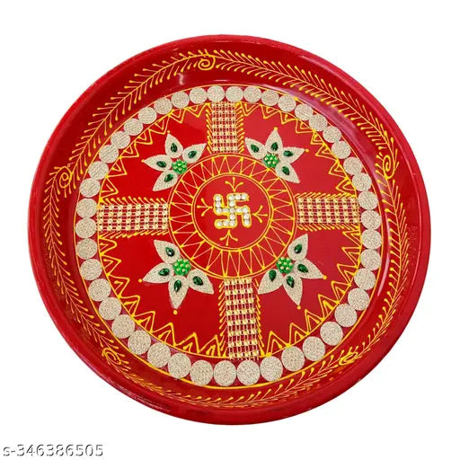 Handcrafted Decorative Puja Thali Set with Lota, Diya and Bowl (Red Colour)