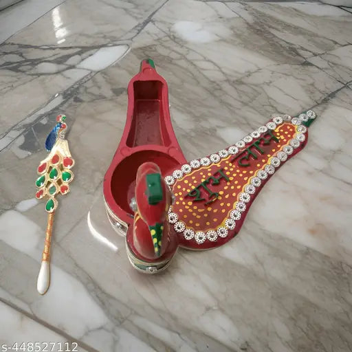 Ash Wood Tika Chopra in Peacock Shape Meenakari Work Kumkum Box With Shubh Labh Written On The Top Middle With Free Peacock Shape Multicolour Tilak Stick