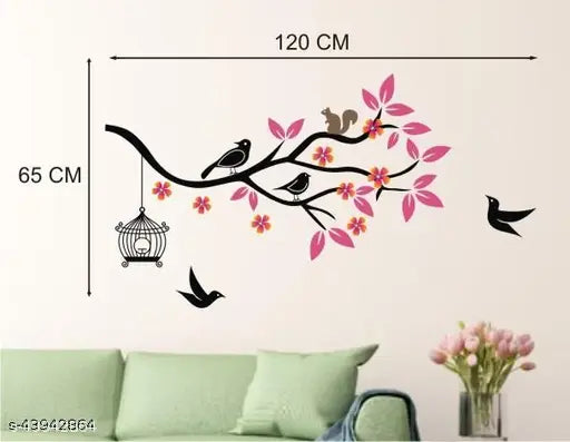 Heaven Decors Birds On Tree Branch With pink Leaves And Birdcage Wall Sticker For Bedroom ( ideal size on wall: 120 cm x 65 cm ),Multicolour